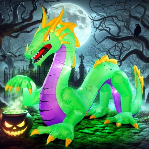 Giant Green Halloween Inflatable Dragon - 11ft Outdoor Yard Decorations with LED Lights