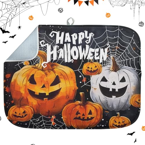 Sanwarm Halloween Pumpkin Dish Drying Mat 16x18 Inches for Kitchen Counter - Orange & White