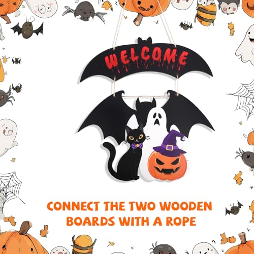 Halloween Ghost Door Wreath - Wooden Fall Autumn Party Decor for Front Door & Wall