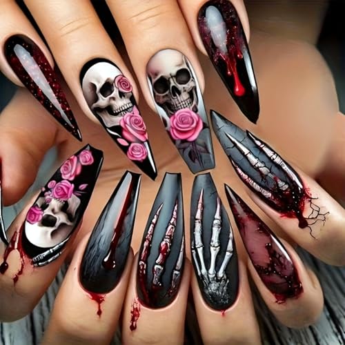 Halloween Press on Nails Coffin Fake Nails with Rose Skull Blood Horror Design - Variation of THIS listing