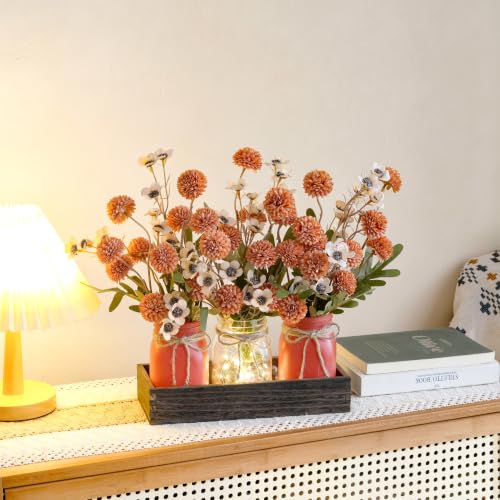 Mason Jar Lights Centerpiece with Wood Tray - Orange Red Floral Decor