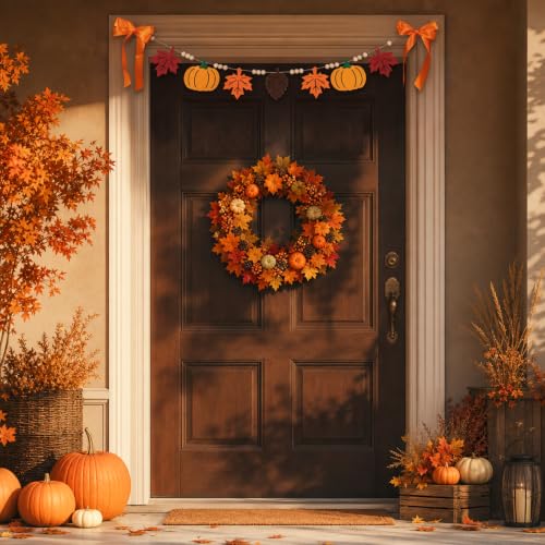 Fall Bow Garland with Acorns and Maple Leaves for Autumn Home Decor