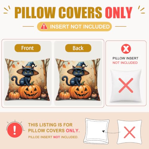 Wizard Cat Halloween Pillow Covers 16x16 Set of 2 - Black Cat Pumpkin Decor