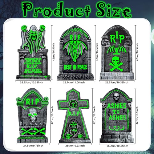16.5x10 Inch Glow in The Dark Tombstones Decorations - Waterproof Grave Markers with Stakes - 6 Pack Halloween Cemetery Props