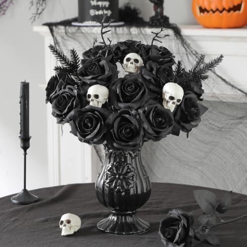 Artificial Roses Bouquet - Solid Black, 12 Long Stem Fake Flowers for Wedding & Home Decor - Variation: Solid Black / 12Pcs Flowers