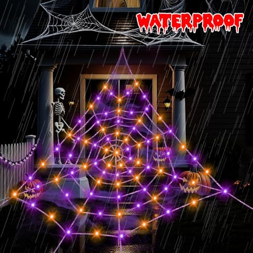 Outdoor Halloween Spider Web Decorations with 260 LED Lights, Waterproof, 16.4 ft Large Web with Spider & Stakes