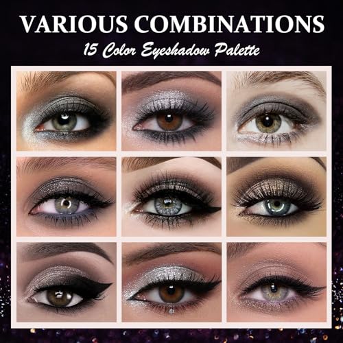 Black Smoky Eyeshadow Palette - Matte & Glitter Gothic Makeup with 3 Brushes - Variation of THIS listing