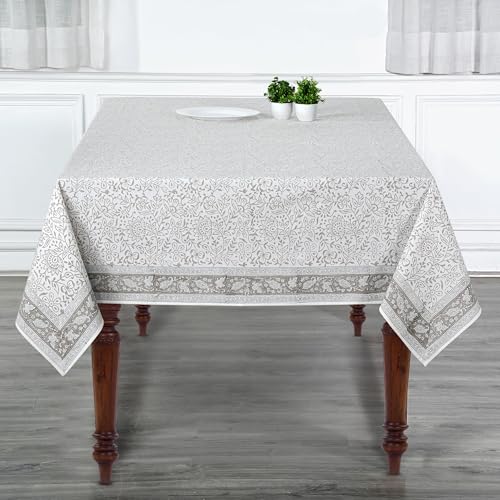 Ridhi Taupe Jal Hand Block Print Cotton Rectangular Tablecloth 108x70