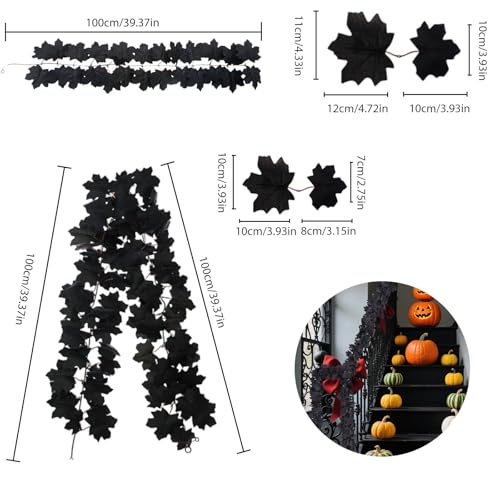 Black Maple Leaf Halloween Garland Set of 2 - Outdoor Fall Decor, Eerie Elegance