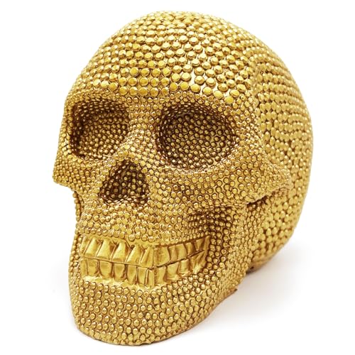 Gold Skull Statue Decor Halloween Gothic Resin Figurine - Large 8.7 Inch