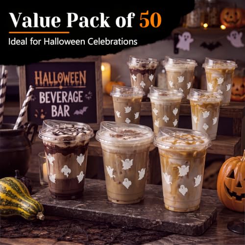 Halloween Ghost Plastic Cups with Lids - 12 oz, 50 Pack