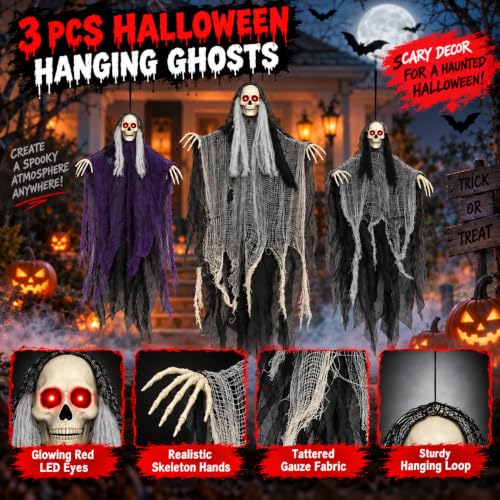 Halloween Outdoor Decorations Set with Glowing Skeleton Ghosts - Spooky Hanging Figures, 3 Pack