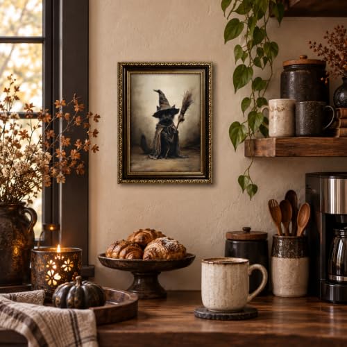 Witch Cat Framed Canvas Wall Art - Halloween Gothic Black Cat Decor 16x12in
