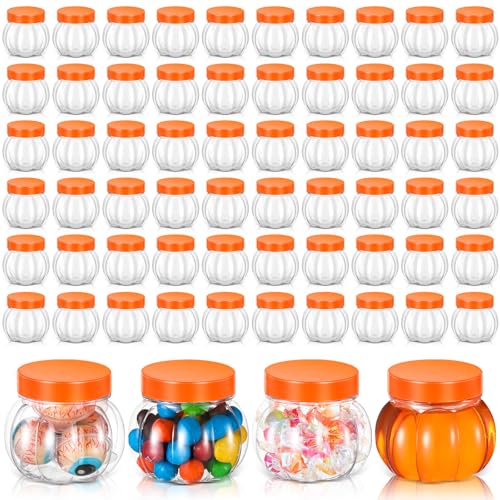 60 Pack Halloween Pumpkin Candy Jars - 5 oz Plastic Containers with Lids, Orange - Fall & Thanksgiving Decor