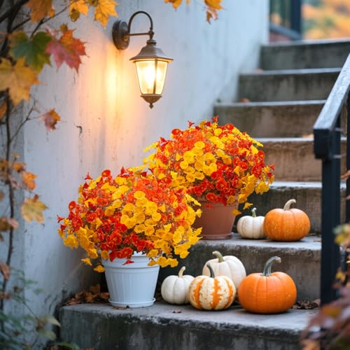 Artificial Fall Flowers Outdoor Decor - 12 Pcs Autumn Fake Plants with UV Resistance & Waterproofing - Fall Mix