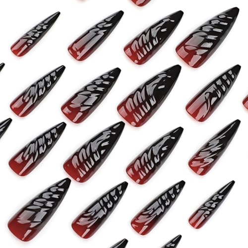 Press On Nails Long Stiletto Goth Red Black Vampire Design 24 pcs - Variation 06102Red&Black