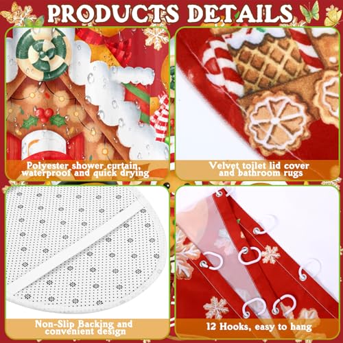 Christmas Shower Curtain Set with Hooks & Rug - Gingerbread Man Holiday Bathroom Decor