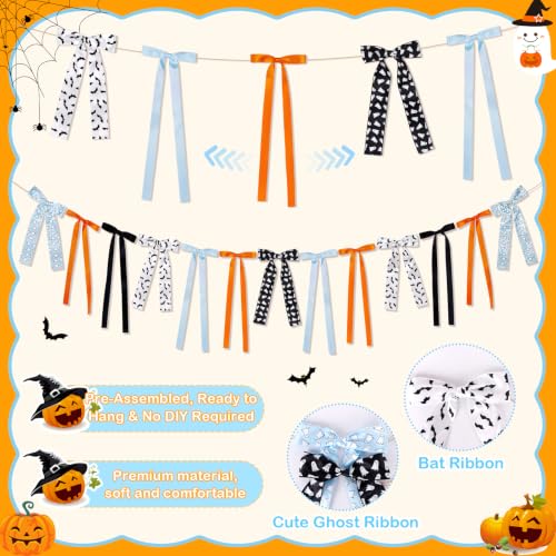 Halloween Bow Garland Banner - Orange Blue Ghost Bat Decor, 13 Bows, 6.88 ft