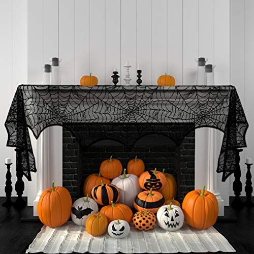 Halloween Spiderweb Fireplace Mantle Cover Black Lace Decoration 18x96 Inch
