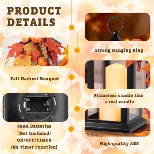 Fall Lanterns Decorative Indoor & Outdoor 14-Inch Black Set with Flameless Candles - 2 Pack