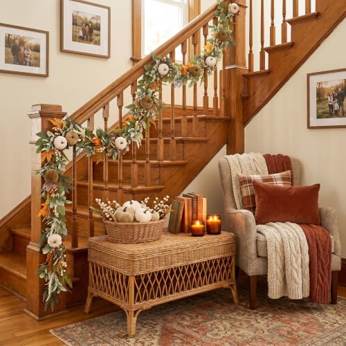 Fall Garland with Velvet Pumpkin Leaves for Mantle & Fireplace Decor