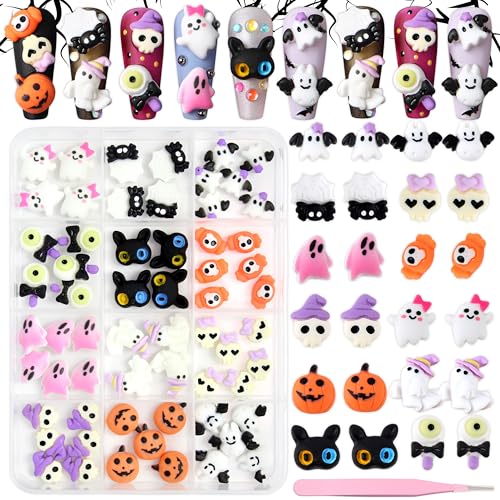 Halloween Nail Charms Set with Ghost Pumpkin Skull Bats 72Pcs Pink Ghost - Variation 01