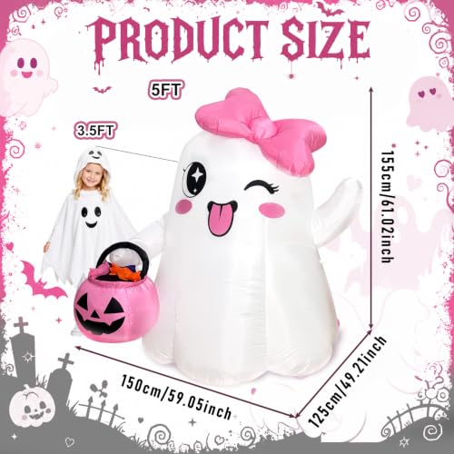 5FT Halloween Inflatable Ghost with Pink Bow and Glowing Pumpkin - Outdoor Decor