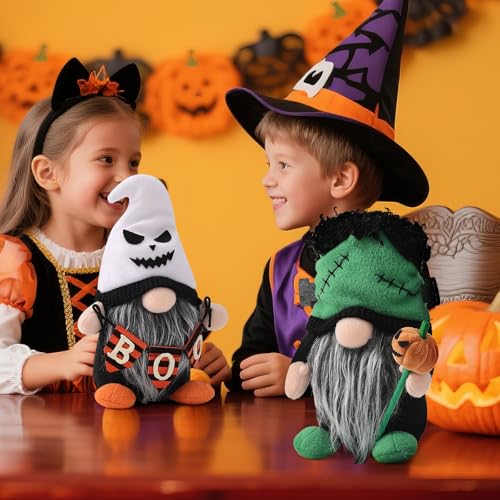 Halloween Plush Gnome Decorations with Ghost Hat and 'BOO!' Banner – Festive Home Decor, 8 Inch