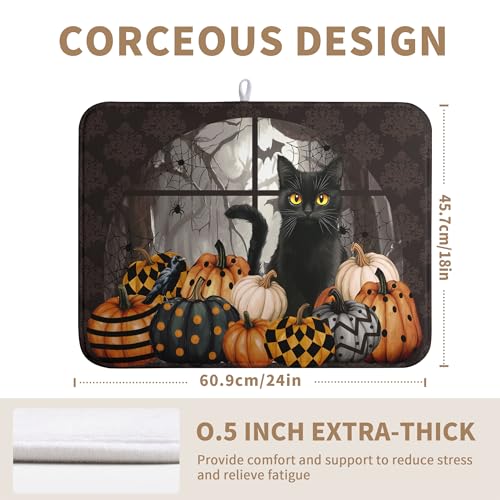 Halloween Black Cat Dish Drying Mat - Fall Pumpkin Kitchen Absorbent Microfiber 18x24