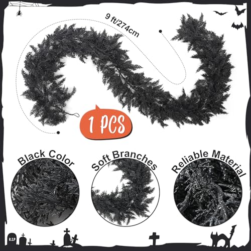 Halloween Black Artificial Cedar Garland 9ft - Spooky Decor for Indoor & Outdoor