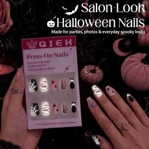 Halloween Glow in the Dark Spider Press-On Nails - Medium Coffin Style, 32 Pieces - Variation 1