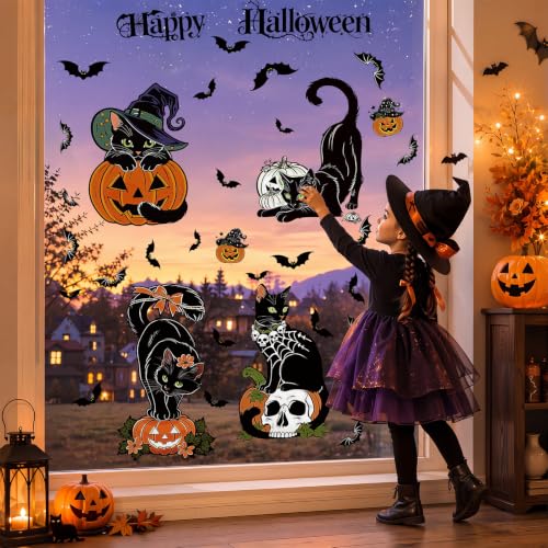 Halloween Window Clings - Black Cat Pumpkin Glass Decoration, Static Reusable