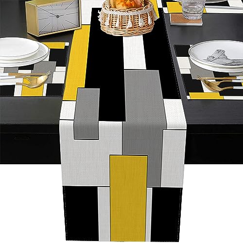 ArtSocket Geometric Yellow Linen Table Runner & Placemats Set of 6 - Abstract Modern Dining Decor