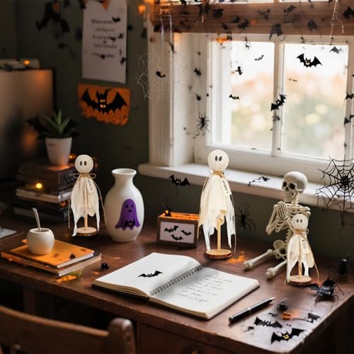 Set of 3 Rustic Wooden Ghost Halloween Decorations for Centerpiece and Mantel