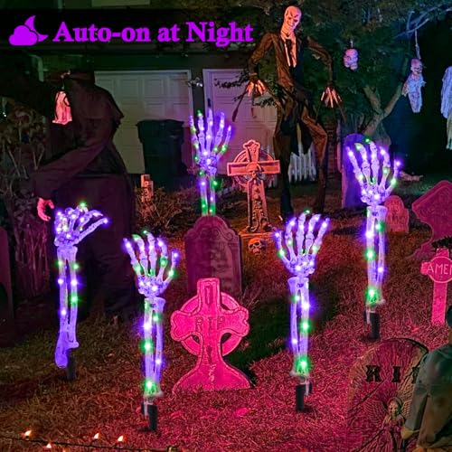 5-Pack Outdoor Halloween Skeleton Arm Stakes with Green & Purple LEDs - Solar Lighted Decor