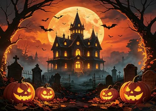 Orange Full Moon Halloween Backdrop 8x6ft for Party Decorations