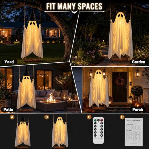 5 Ft Swinging Ghost Halloween Decoration with LED Lights & Removable Witch Hat