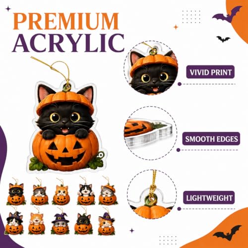 Halloween Cat Pumpkin Ornaments Set - P23, 10pcs Spooky Cute Tree Decorations