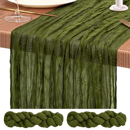 Olive Green Cheesecloth Table Runners Set - Boho Wedding Decor, 2 Pack