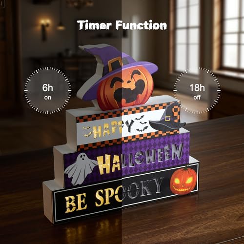 Halloween Wooden Block Set with Glowing 3D Letters and Witch-Hatted Pumpkin - Indoor Decor