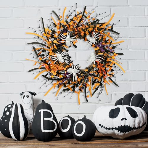 Halloween Wreath 23 Inch Artificial Spider Front Door Decoration - Black