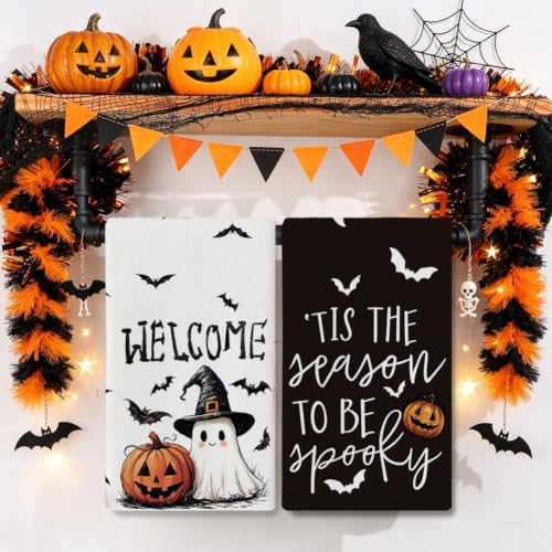 Halloween Kitchen Towels Set - Ghost Pumpkins and Bats Decor, Ultra-Soft & Absorbent