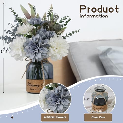 Fake Flowers in Vase - Blue Dahlias with Black Vase - Home Decor