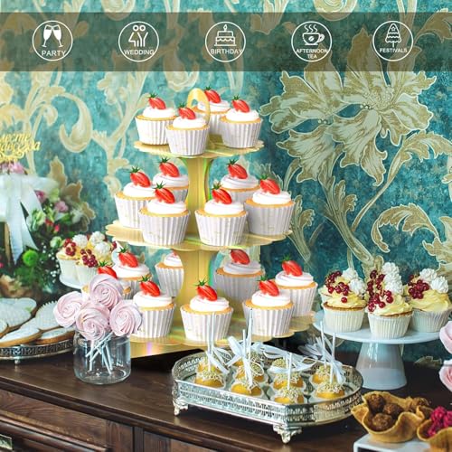 Rainbow Gold 3-Tier Cupcake Stand - Reusable Cardboard Dessert Tower for Parties & Weddings