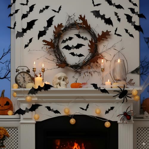 Partyreal 60Pcs Halloween Bat Wall Decals - 4 Sizes, Reusable PVC Indoor Decor