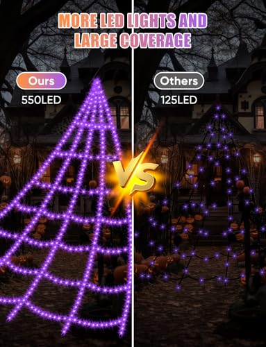 Purple Outdoor Spider Web Lights - 16.4Ft Waterproof 550 LEDs, 8 Modes Halloween Decoration