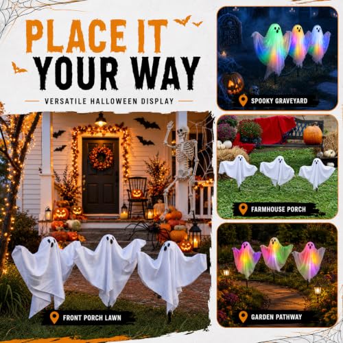 3 Pack Halloween Lighted Ghost Stakes with Remote Control & Timer - 17.7 Inch Glowing Yard Decorations for Spooky Outdoor Lawn & Garden