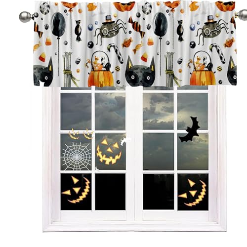 Violet Halloween Window Valance 54x18 Inches Horror Theme Pumpkin Bat Spider Skeleton Polyester Semi Sheer Drapery