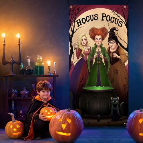 Halloween Door Cover Hocus Pocus Decorations Witch Sisters Black Cat Banner