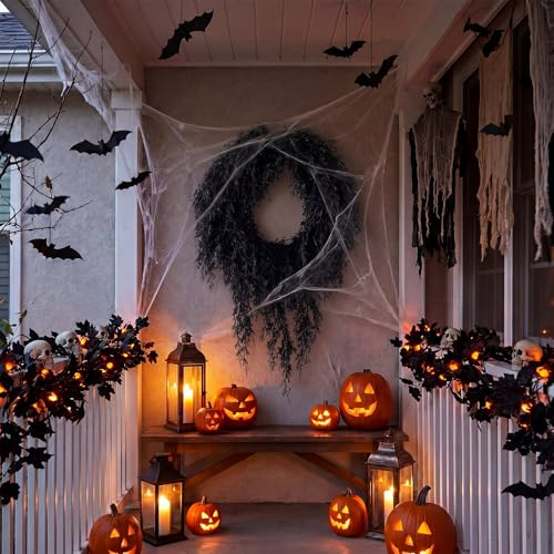 Black Halloween Cedar Wreath 20 Inch Artificial Seasonal Decoration for Front Door & Wall